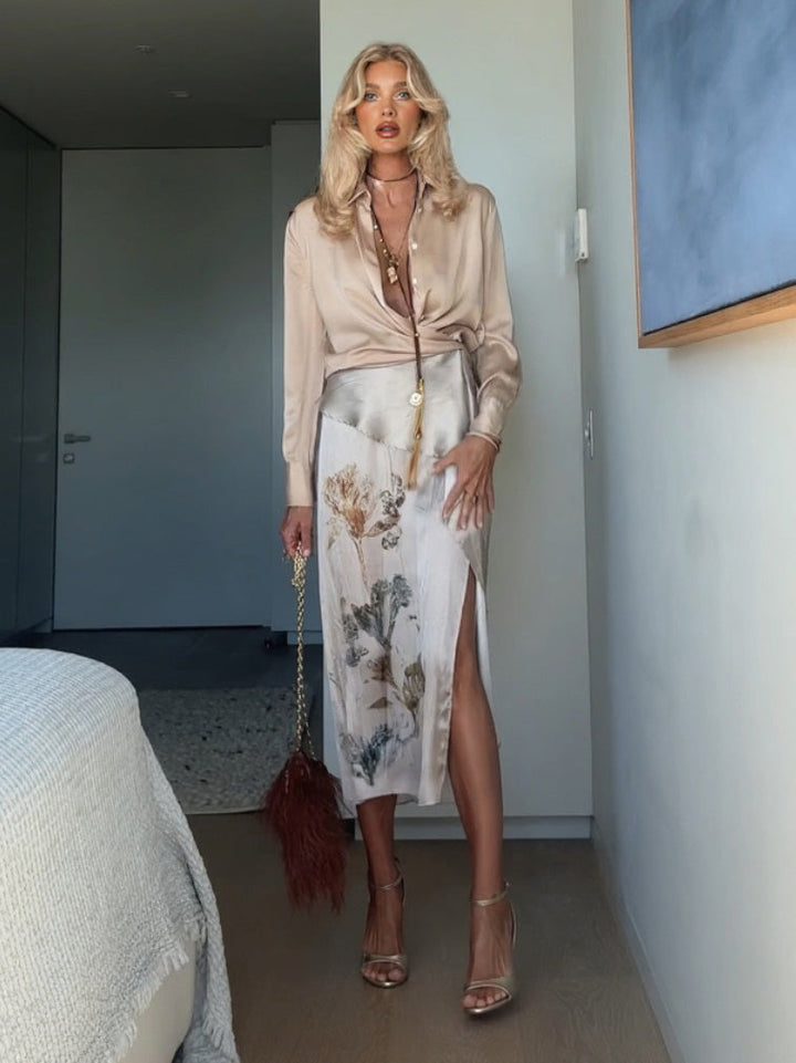 Elegant Knotted Blouse Paired With A Printed Skirt Two-piece Set