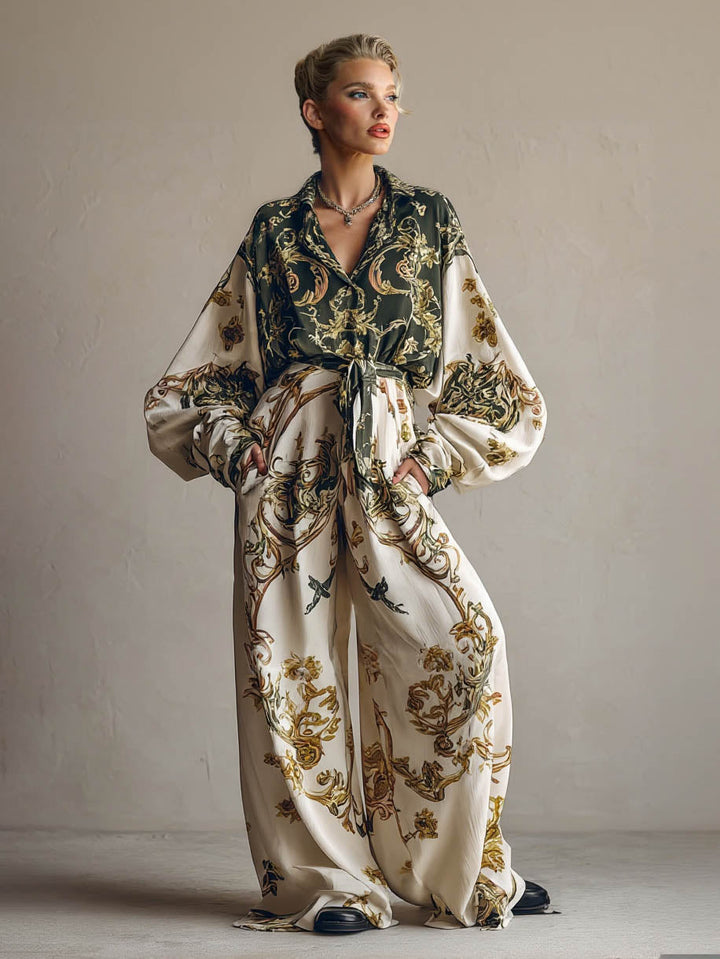 Retro Baroque Floral Print Shirt Two-Piece Set