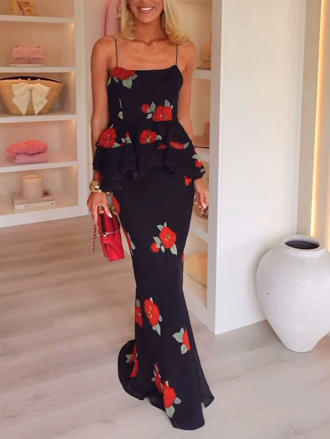 Romantic Halter Neck Floral Ruffled Tank Top