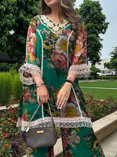 Elegant Floral Print Lace-Hem Wide-Leg Pants