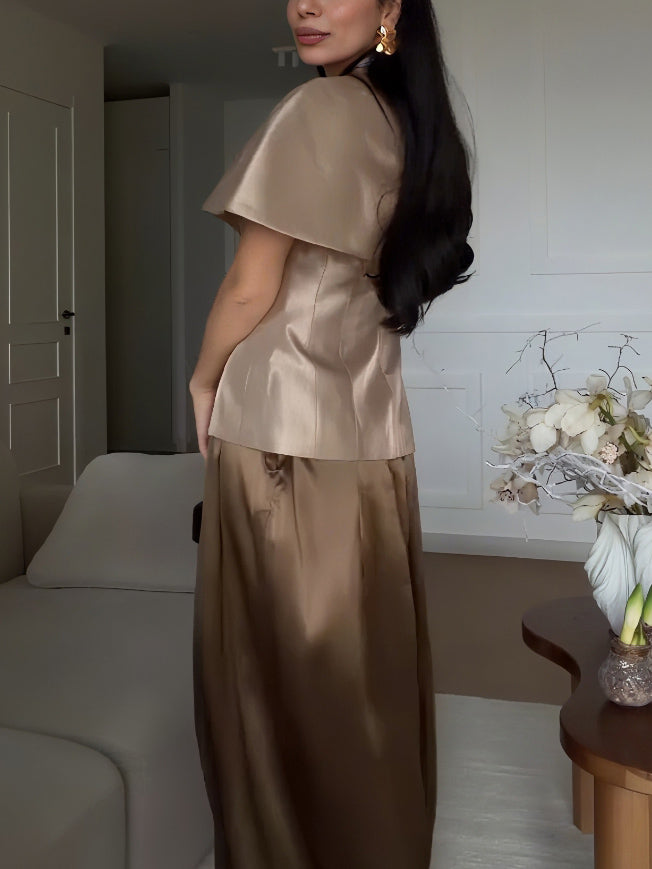 Exquisite Satin Cape Top & Wide-Leg Trousers Two-Piece Set