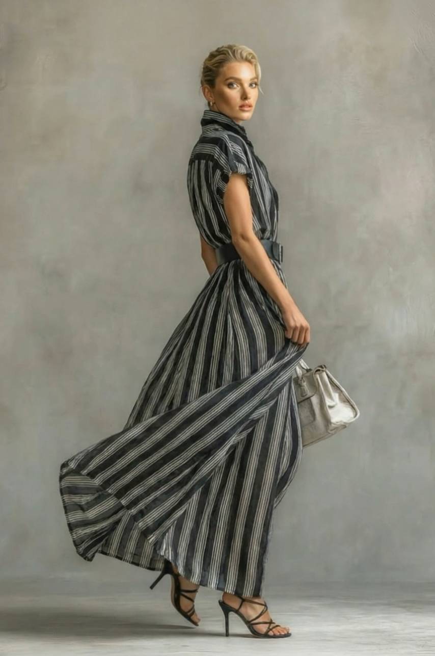 Striped Stand-Collar Blouse Dress