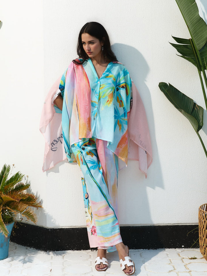 Unique oil painting coconut tree print bat sleeve shirt