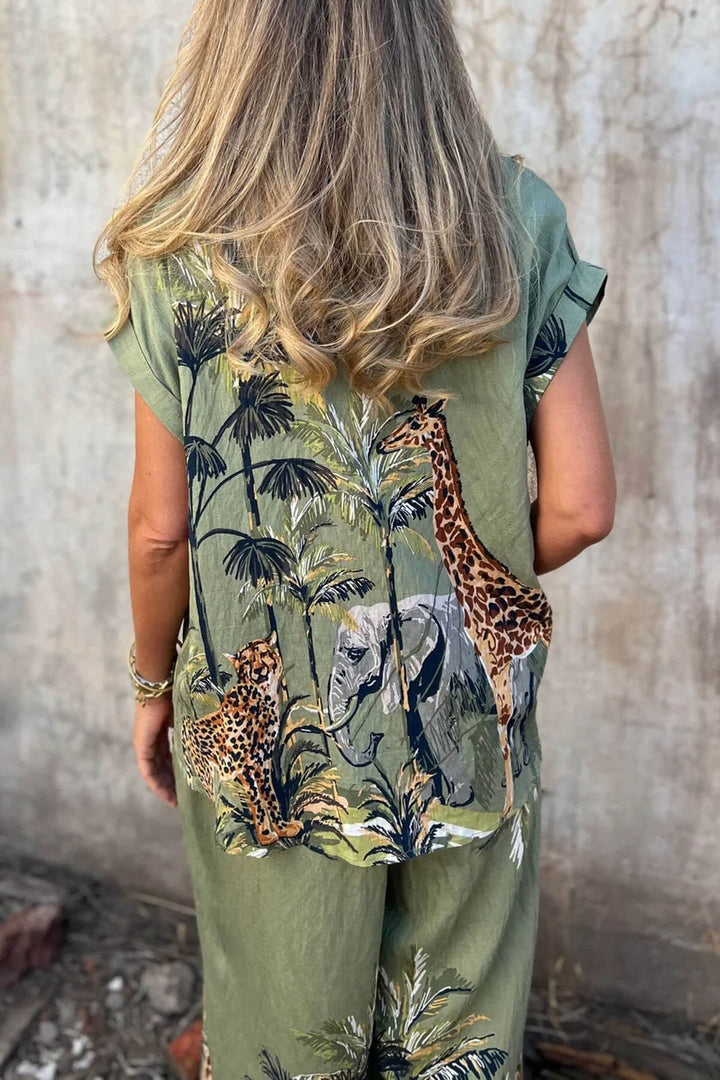 Unique Jungle Print Elastic Waist Pocket Wide-Leg Pants
