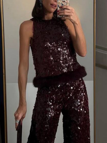 Exquisite Sequined Fuzzy Hem Tank Top