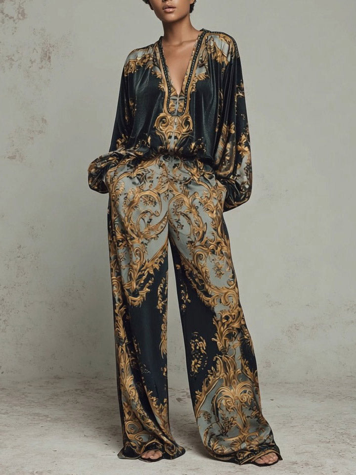 Retro Baroque Print High-Waisted Wide-Leg Pants