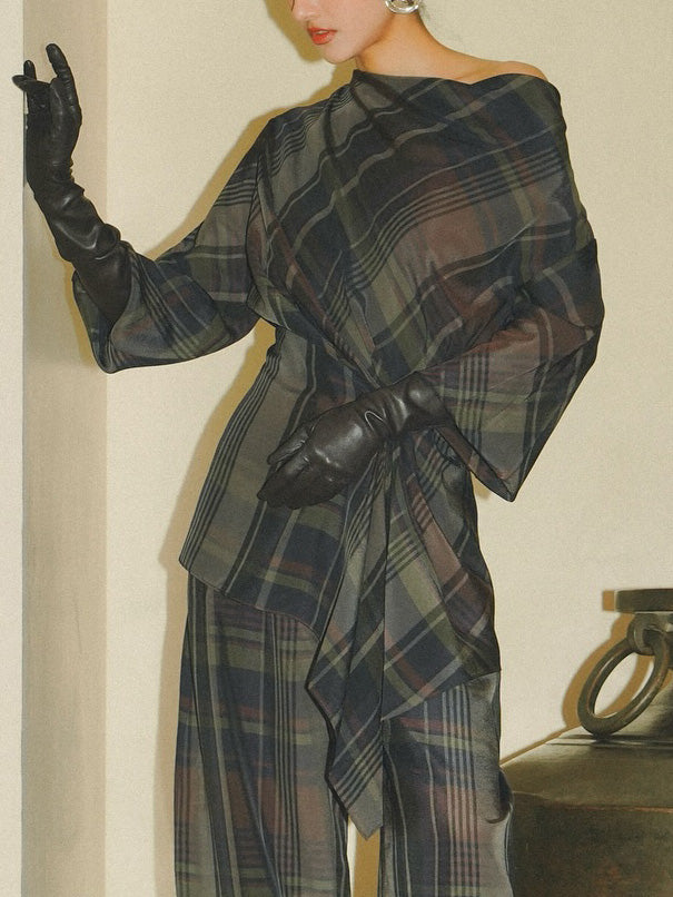 Asymmetric Draped Plaid Long-Sleeve Top