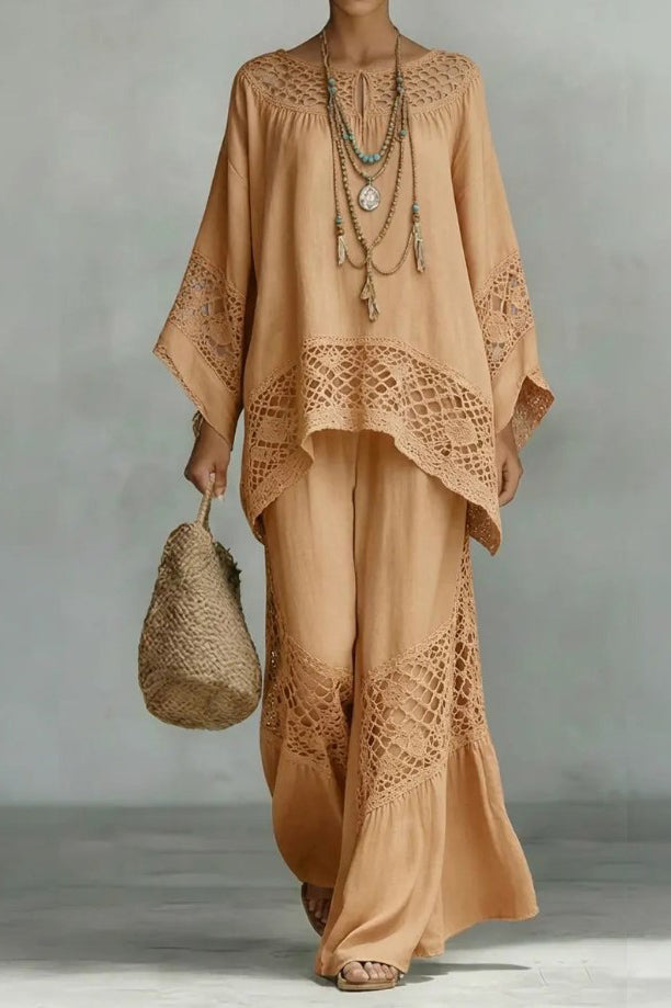 Hollow Design Loose Shirt And Wide Leg Pants Set