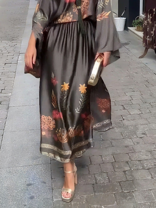 Exquisite Floral-Print Satin Slit Skirt