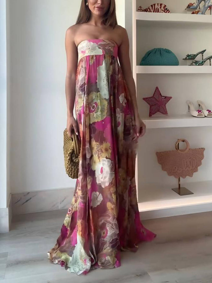 Ethnic Floral Print Off Shoulder A-line Maxi Dress