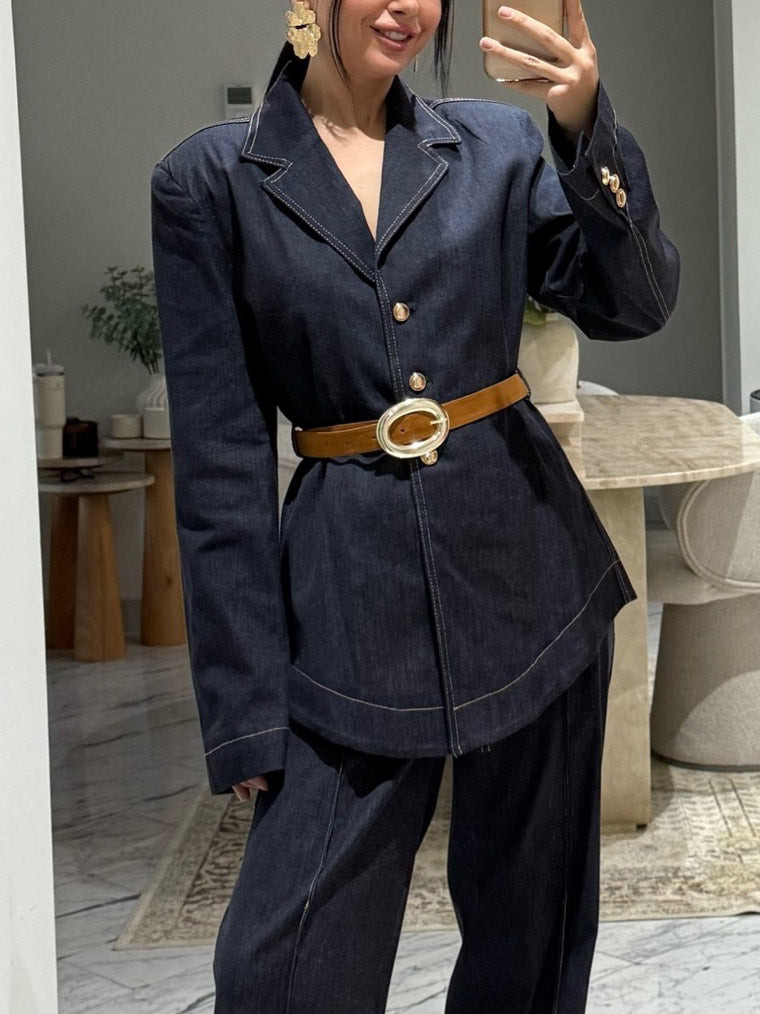 Casual Denim Shirt & Wide-leg Pants Two-piece Set