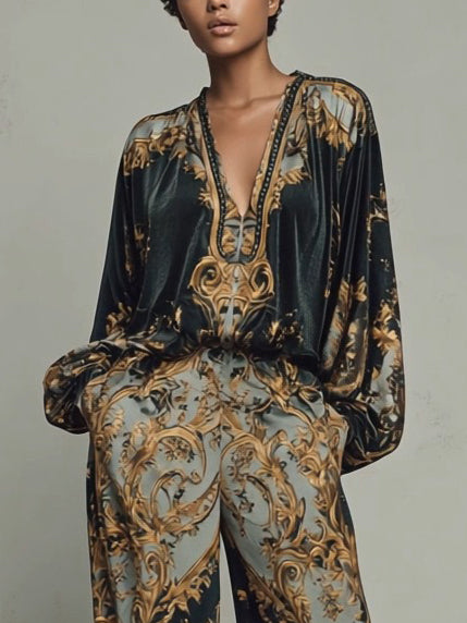 Retro Baroque Print High-Waisted Wide-Leg Pants