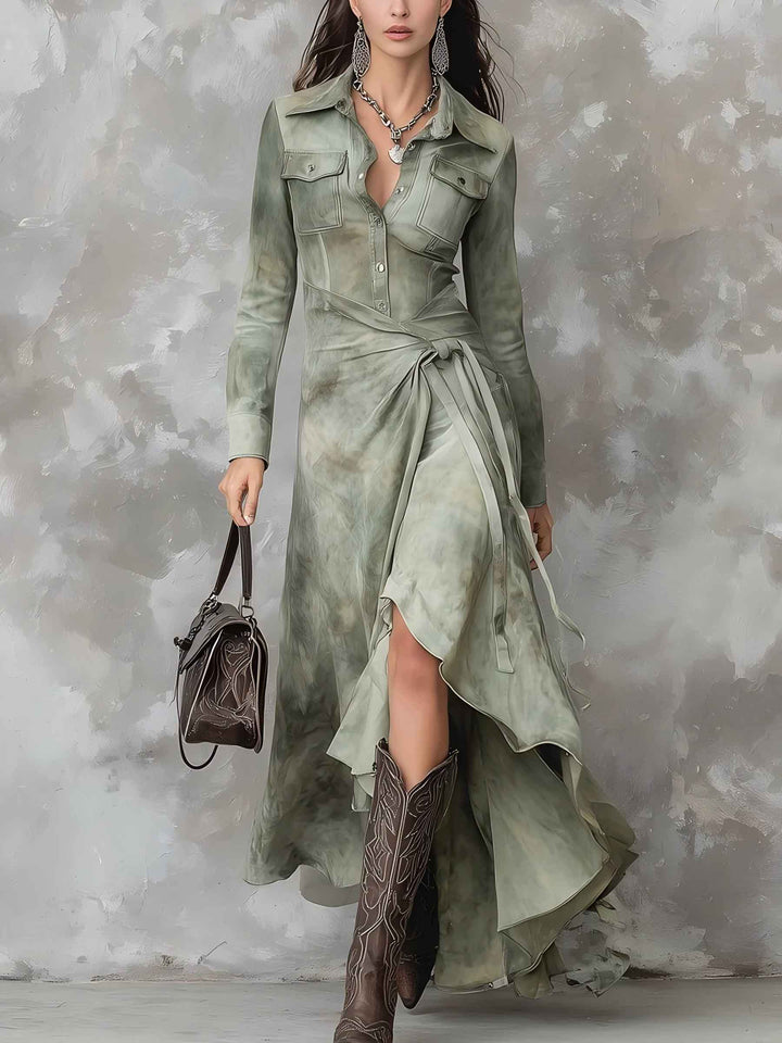 Retro Tie-Dye Print Shirt Collar Maxi Dress