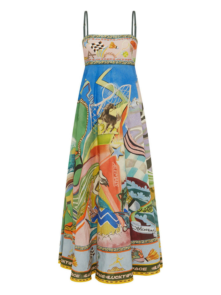 Casual Unique Pattern Print Suspenders Loose Maxi Dress
