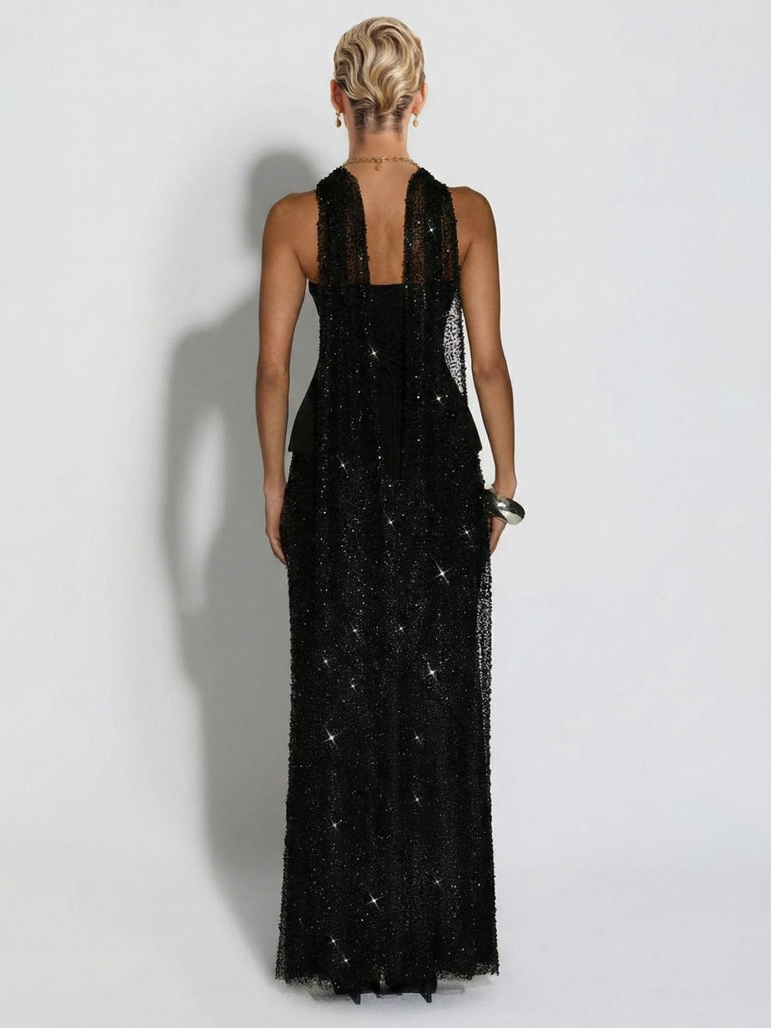 Elegant Strapless Sequin Skirt And Shawl Two-Piece Set