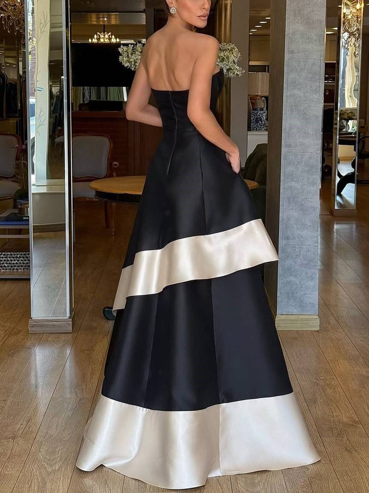 Tube Top Color Contrast High Waist A- Line Maxi Dress