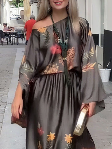 Exquisite Floral-Print Satin Slit Skirt