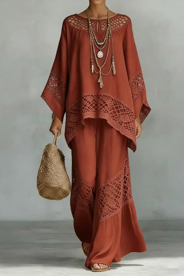 Hollow Design Loose Shirt And Wide Leg Pants Set