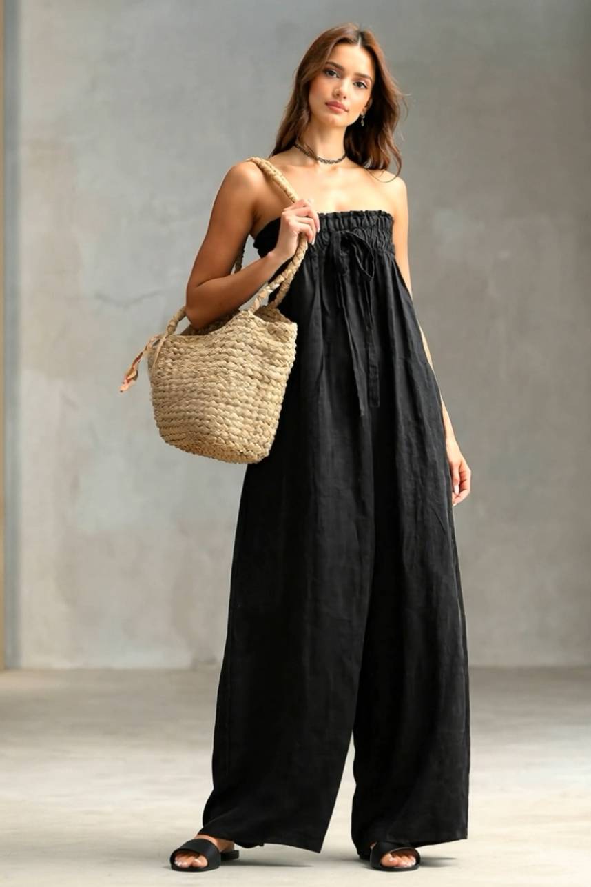 Pleated  Design Strapless Jumpsuit
