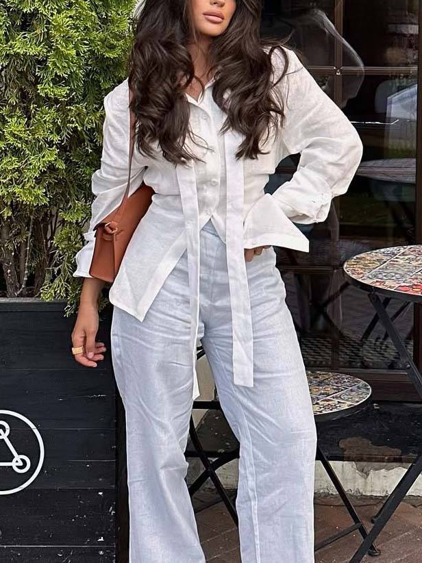 Minimalist Stand-up Collar Ribbon Back Lace-up Shirt and Wide Leg Pants Set-Pants