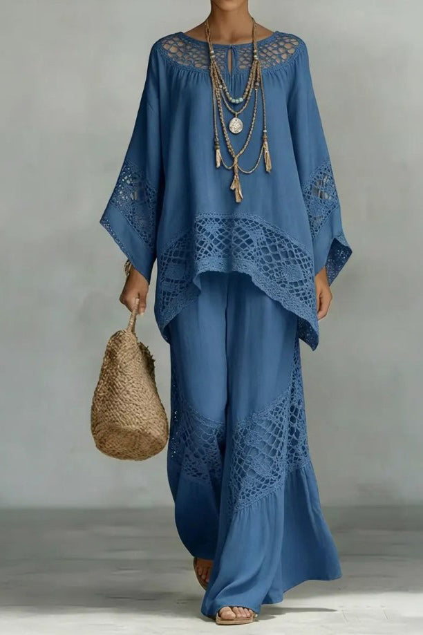 Hollow Design Loose Shirt And Wide Leg Pants Set