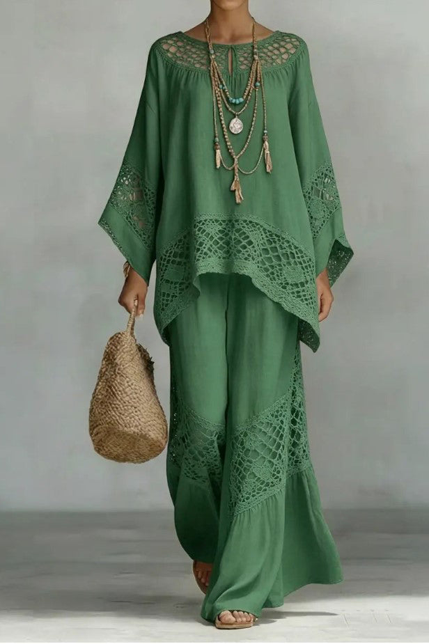 Hollow Design Loose Shirt And Wide Leg Pants Set