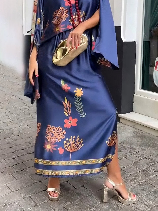 Exquisite Floral-Print Satin Slit Skirt