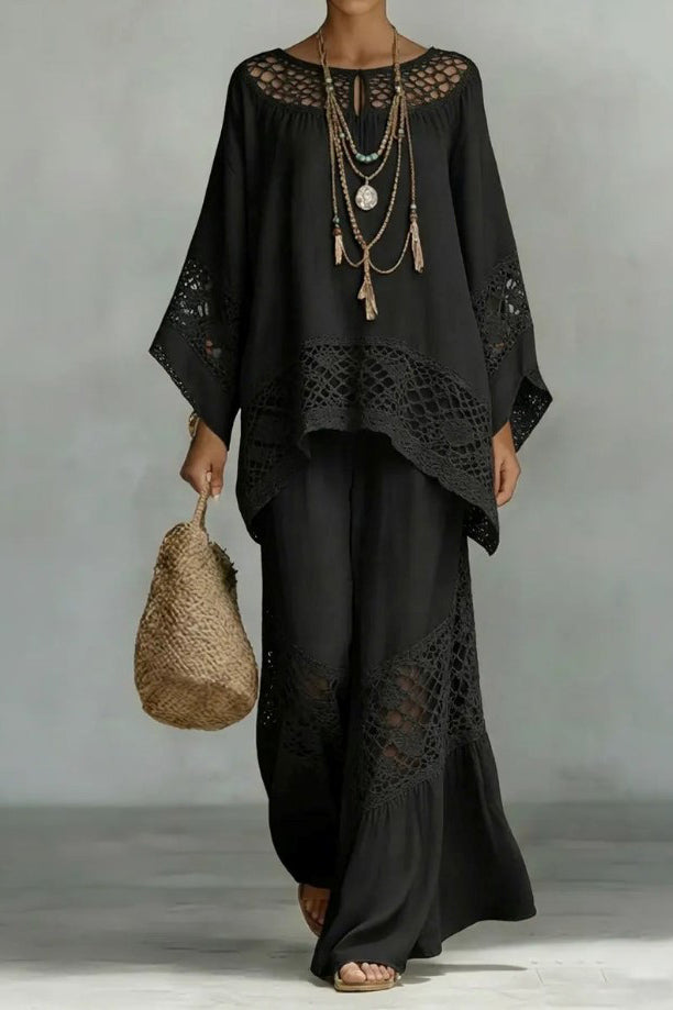 Hollow Design Loose Shirt And Wide Leg Pants Set