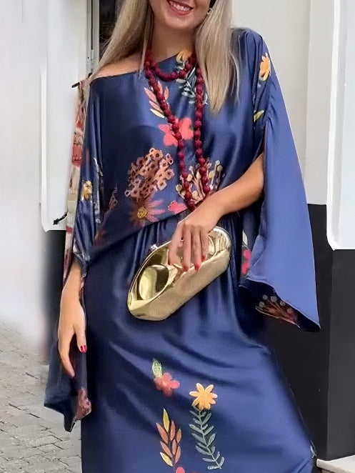 Exquisite Floral-Print Satin Slit Skirt