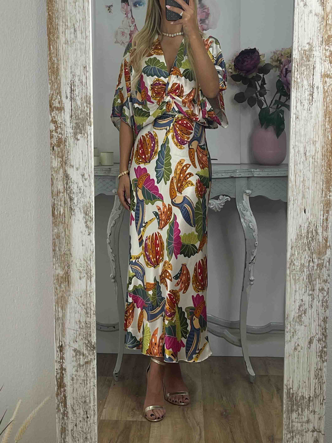 Retro Jungle Palm Leaf Satin Print Batwing Sleeve Shir