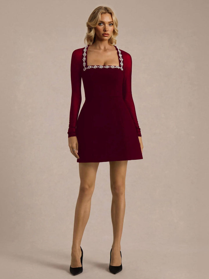 Elegant Crystal-embellished Mesh Sleeve Mini Dress
