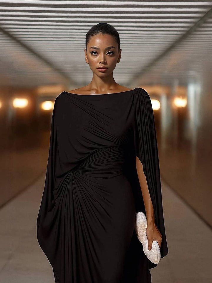 Boat Neck Pleated Slim Fit Maxi Dress
