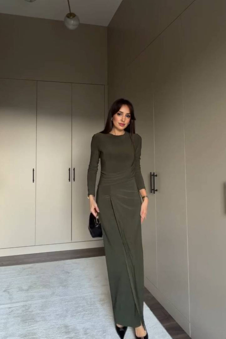 Pleated Front Slit Maxi Dress