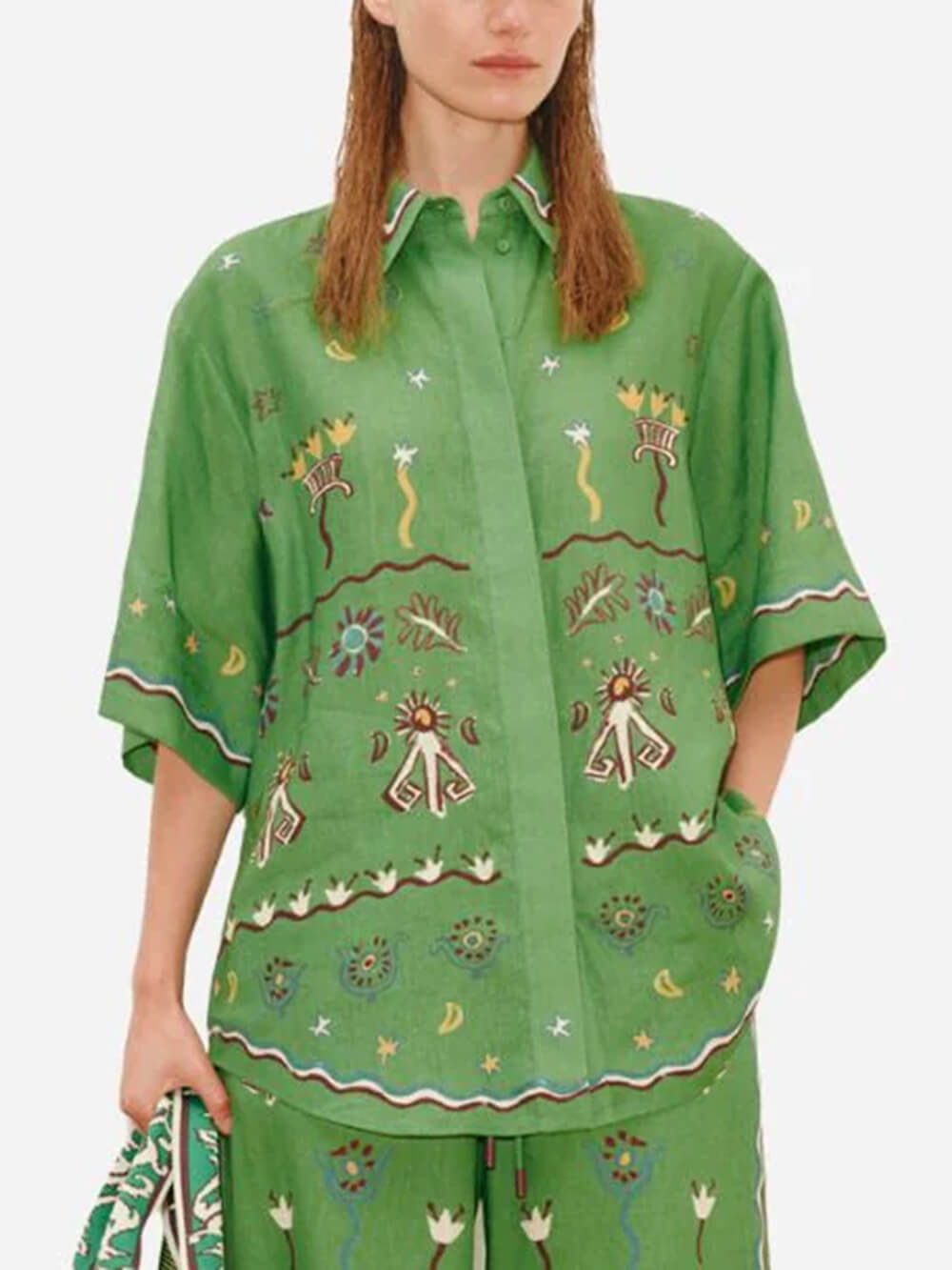 Unique Casual Sunny Dancer Print Button-Up Shirt Fitted Waist Loose Wide-Leg Pants Set
