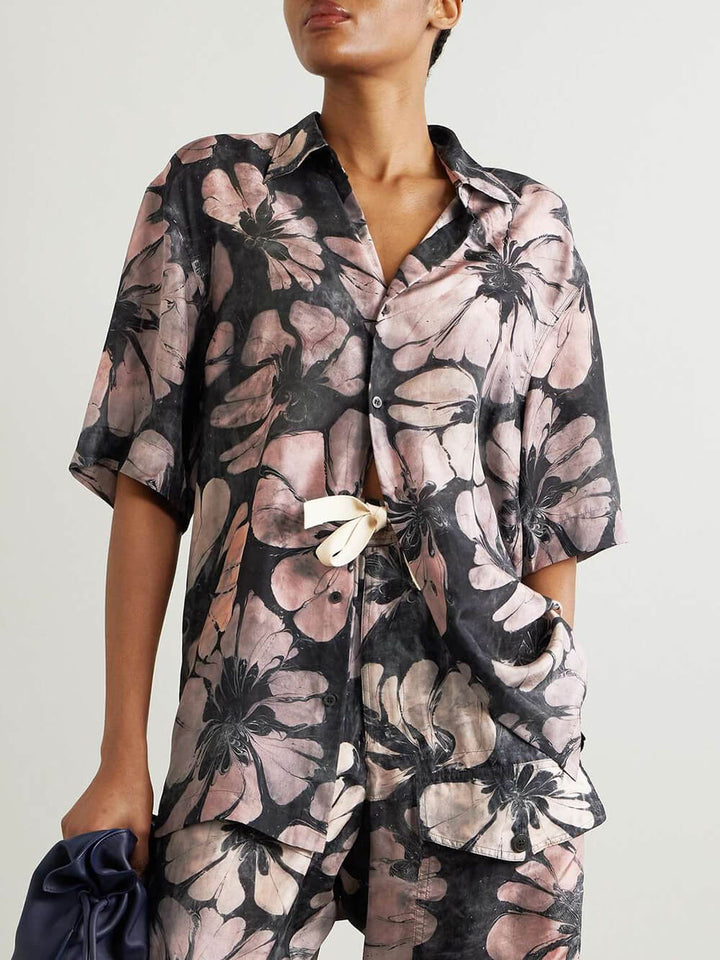 Unique Floral Print Satin High Waist Elastic Waist Tie Pocket Straight Pants