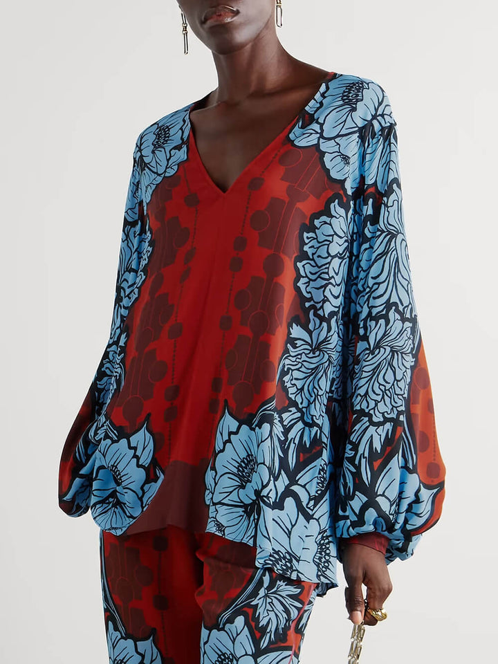 Unique Color-Block Floral Print Satin Piped Pocket Pants