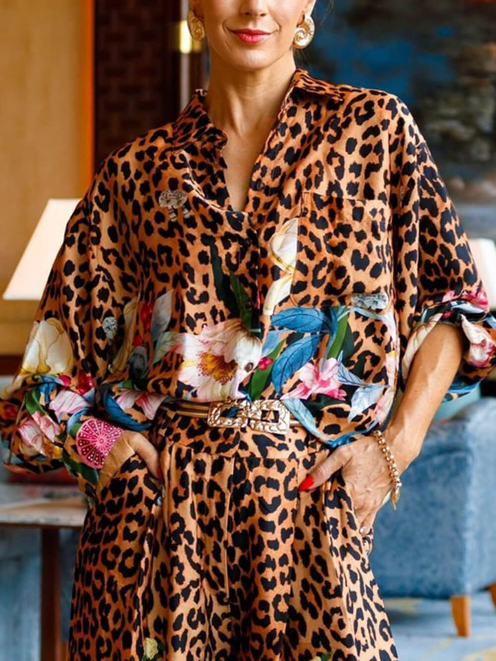 Unique Leopard Floral Print Elastic-Waist Wide-Leg Pants