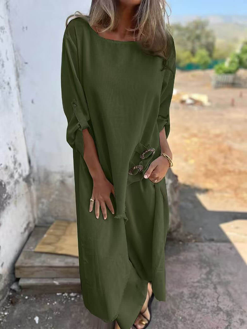 Casual Unique Irregular Button Decoration Robe Pocket Elastic Pants Set