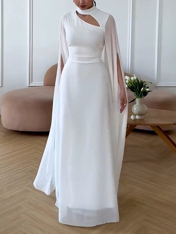 Elegant Small Stand Collar Chiffon Sleeves Maxi Dress