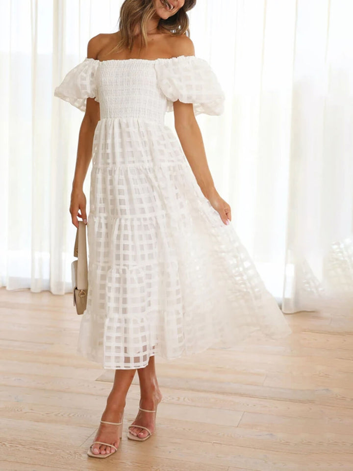 Fashionable One-Shoulder Chiffon Puff Sleeve Swing Midi Dress