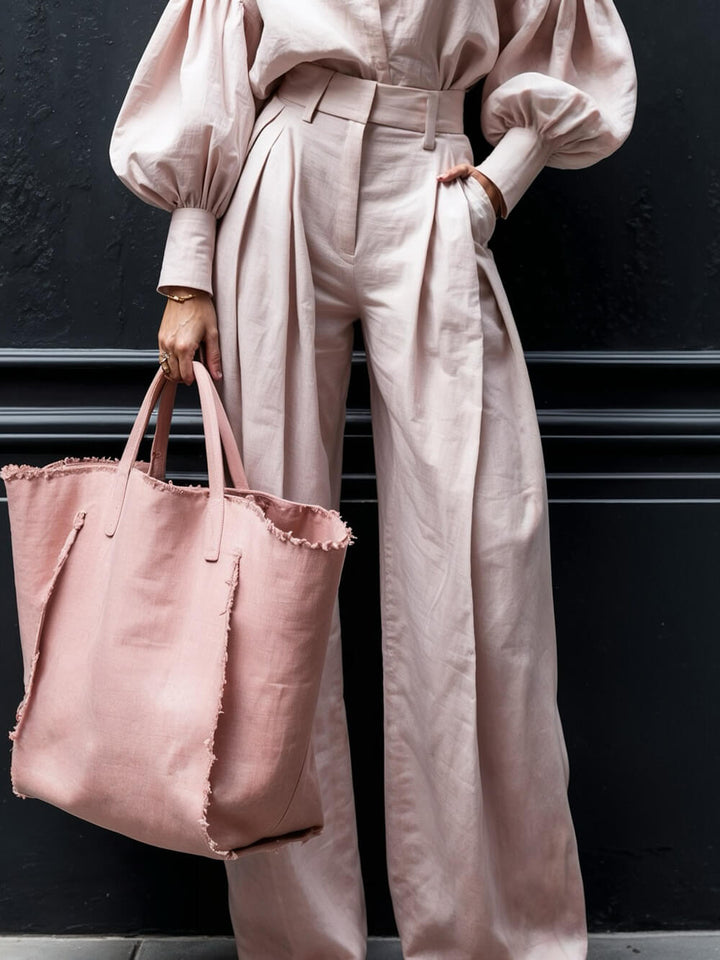 Fashionable Casual Solid Color Unique Pleated Pocket High Waist Wide Leg Pants