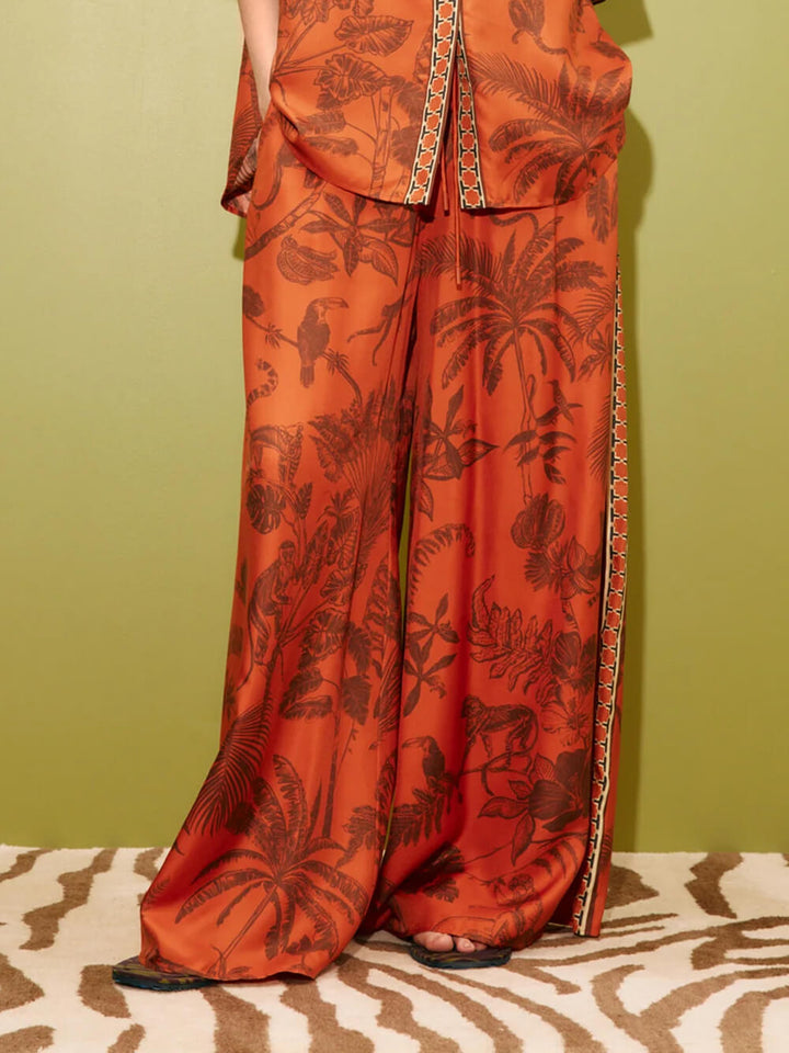 Unique Animal Print Satin Back-Slit Tie-Waist Loose Shirt