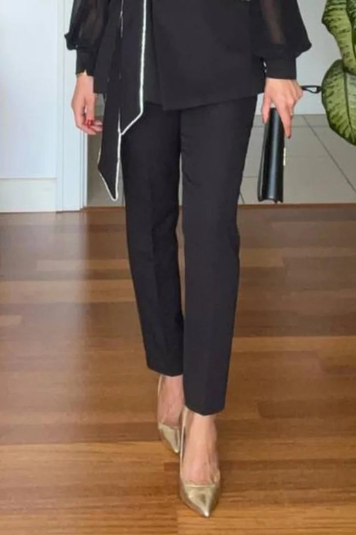 Elegant V-Neck Colorblock Belted Shirt & High-Waist Tapered Pants Set