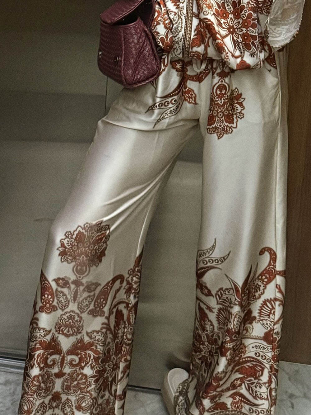Exquisite Modern Feel Satin Unique Print Bell Sleeve Oversized Shirt