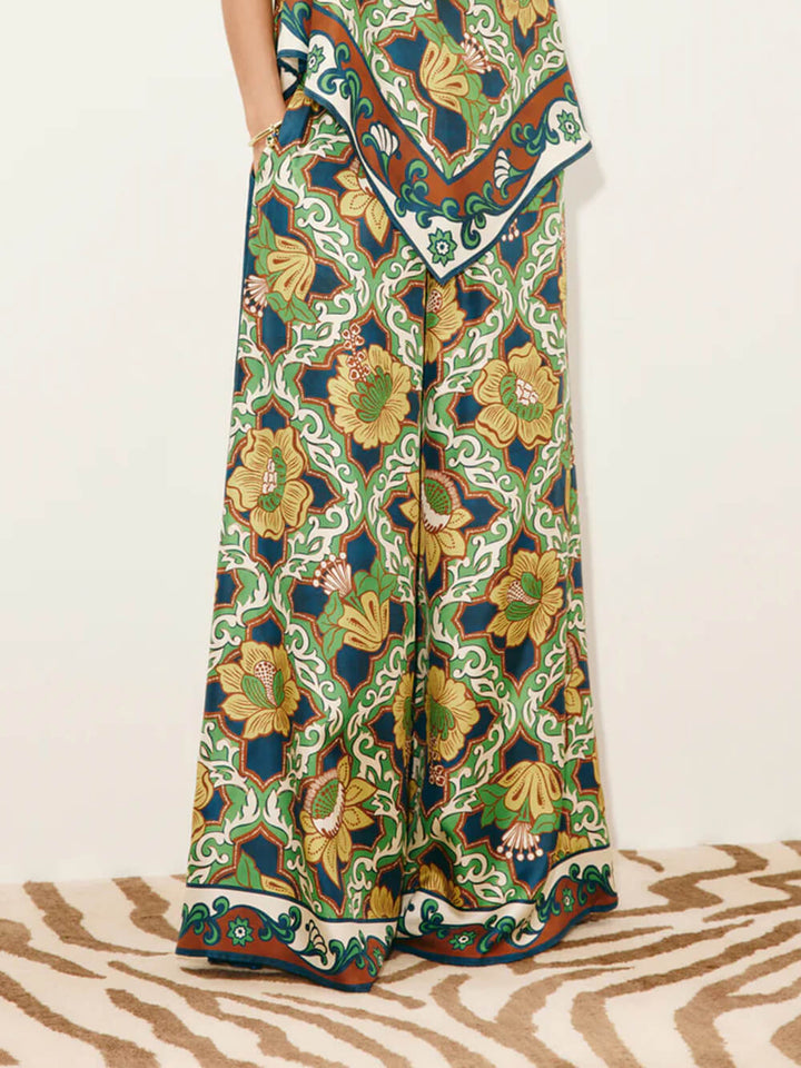Modern Satin Asymmetric Print Backless Camisole And Pocket Wide-Leg Pants Set