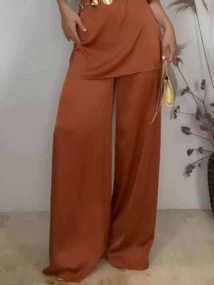Elegant Pleated Satin High-Waisted Wide-Leg Pants