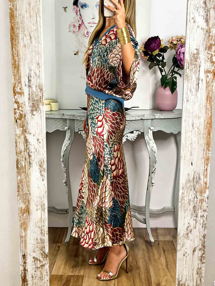 Retro Scale Print Satin Skirt Two-Piece Set