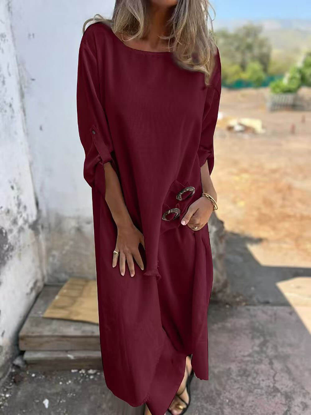 Casual Unique Irregular Button Decoration Robe Pocket Elastic Pants Set
