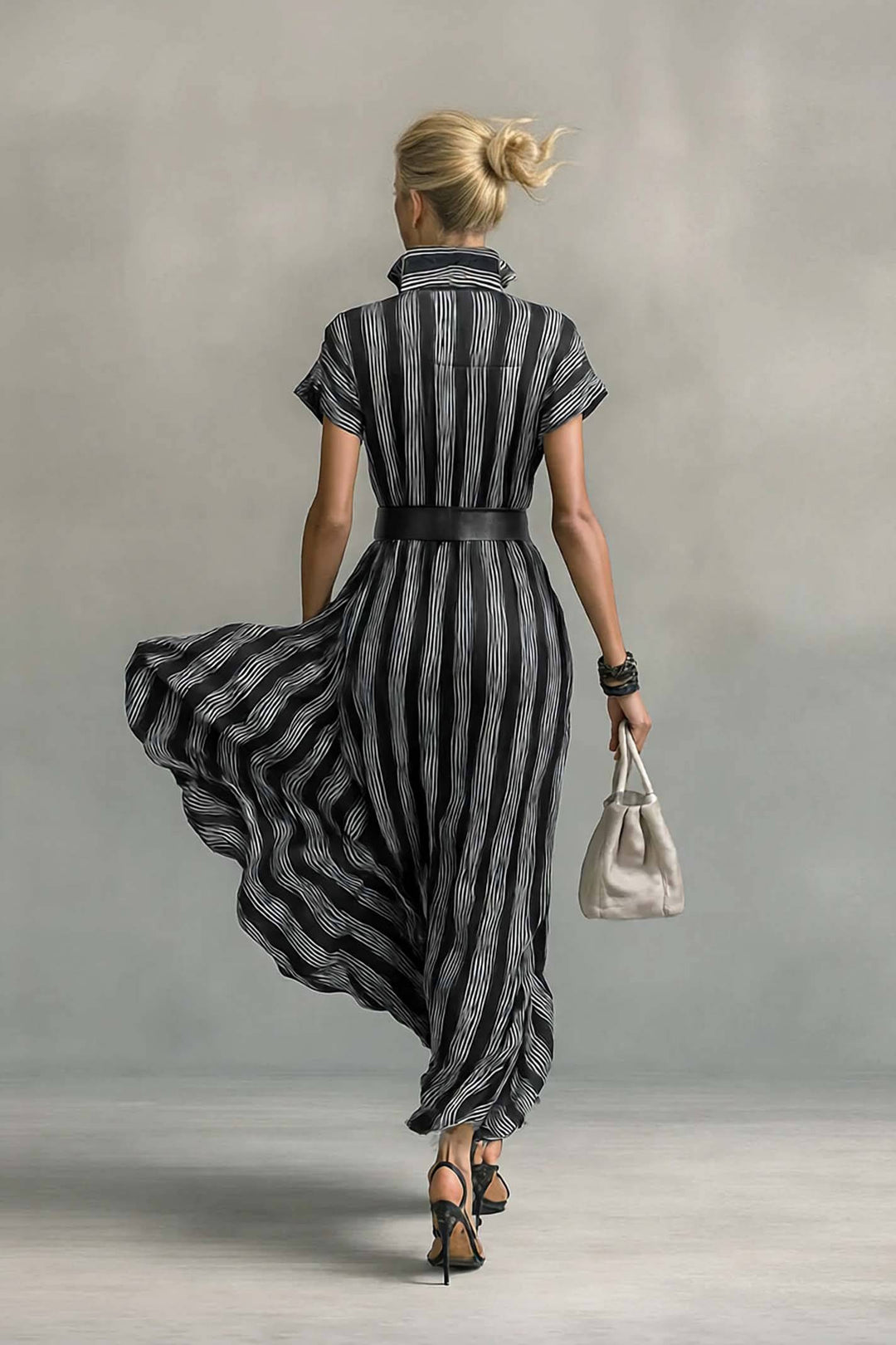 Striped Stand-Collar Blouse Dress