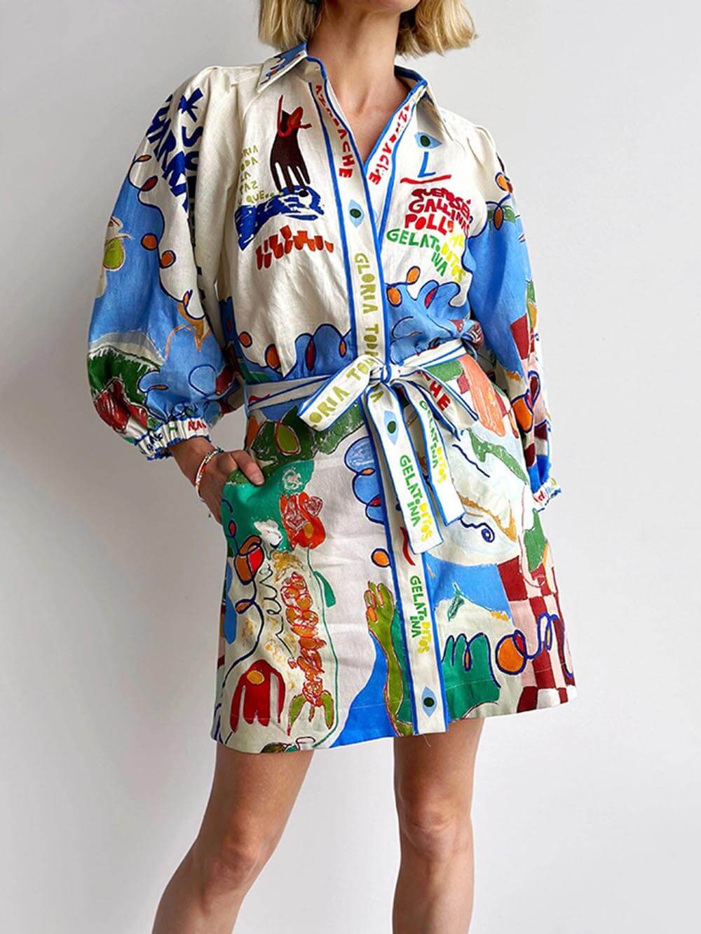 Unique Linen Print Cardigan Lace-Up Mini Dress